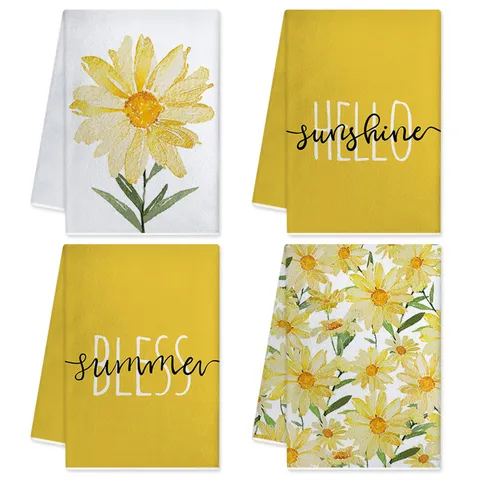 Fresco Acuarela Margarita Girasol Estampado Cocina Toalla Mano Verano Sol Casa Paño Limpieza Absorbente Suave Tela
