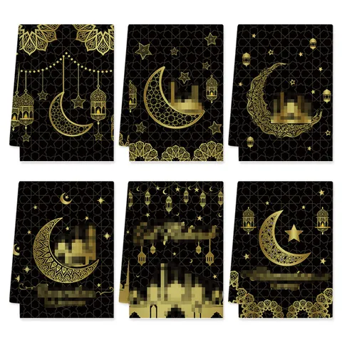 Asciugamano da Cucina in Microfibra Stampato Etnico Ramadan Nero e Oro Panno Assorbente per la Pulizia
