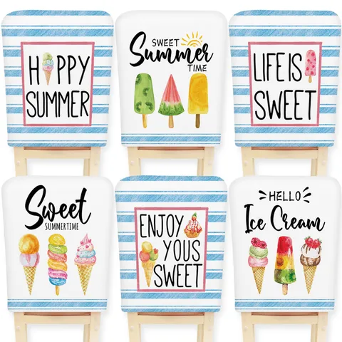 Funda de Silla con Estampado de Helado Dulce de Verano Funda de Respaldo de Silla de Franela Elástica Rayada en Azul y Blanco para Fiesta