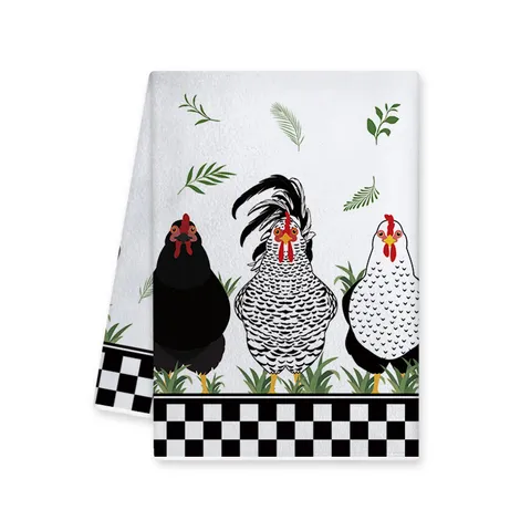 Strofinaccio da Cucina con Gallo a Quadri Bianco e Nero Stile Rustico Asciugamano Assorbente Panno per Pulizia