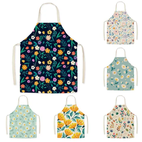 Ins Green Leaf Floral Kitchen Apron Polyester Sleeveless Halter Cooking Smock For Adult And Kids Home Baking Bib Apron
