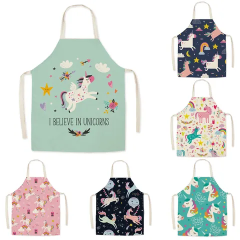 Delantal de Cocina de Lino Estampado de Unicornio Lindo Delantal de Chef de Dibujos Animados para Mujeres Hombres Cocinar Hornear Restaurante Uso Doméstico