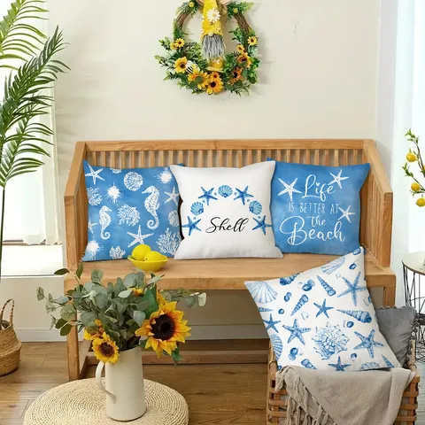 Fodera per Cuscino Decorativa in Velluto Pelle di Pesca Vita Marina Costiera Conchiglie Stella Marina Blu