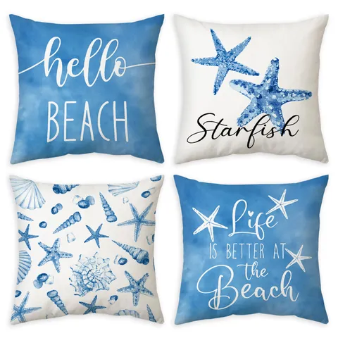 Fodera per Cuscino Decorativa in Velluto Pelle di Pesca Vita Marina Costiera Conchiglie Stella Marina Blu