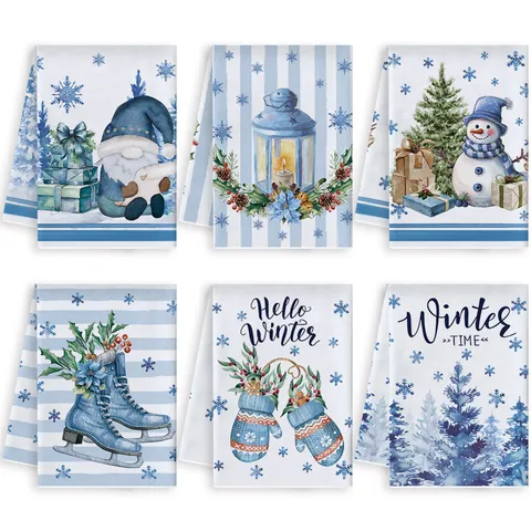 Asciugamani da Cucina di Natale Blu Tema Festivo Invernale Microfibra Panno Piatti Tessile da Tavola Decorativo