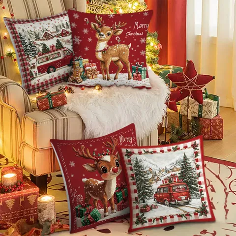 Christmas Pillow Cover Red Velvet Cushion Case Festive Holiday Cute Deer Snow Tree Print Home Sofa Decor