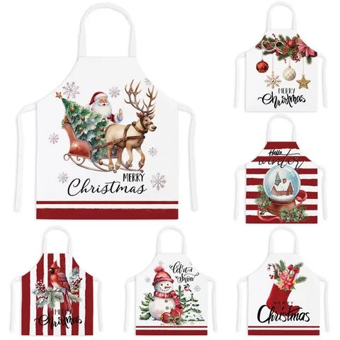 Festive Christmas Holiday Apron Kitchen Cooking Bib Santa Snowman Pattern Polyester Waterproof Apron For Adult And Kids