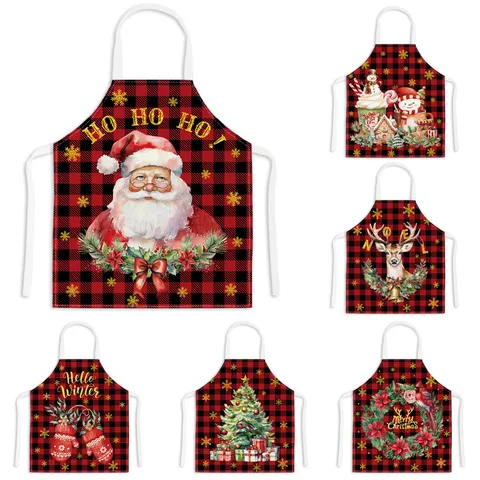 Christmas Kitchen Apron Festive Santa Elk Printed Sleeveless Cooking Apron For Adult Kids Home Holiday Party