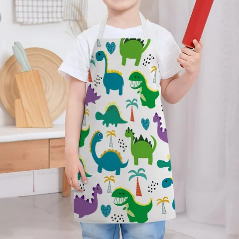 Cartoon Dinosaur Pattern Kitchen Apron Linen Anti-Stain Cooking Sleeveless Bib