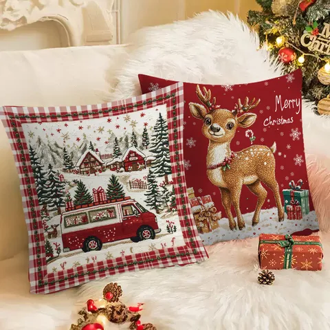Christmas Pillow Cover Red Velvet Cushion Case Festive Holiday Cute Deer Snow Tree Print Home Sofa Decor