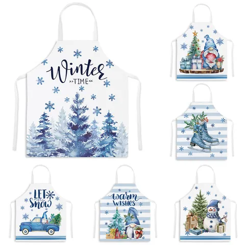 Christmas Print Kitchen Apron Waterproof Polyester Sleeveless Cooking Apron For Home Holiday Party Decoration