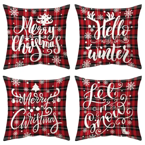 Christmas Red Buffalo Plaid Pillow Cover Holiday Snowflake Deer Throw Pillow Case Festive Home Decor Cushion Cover