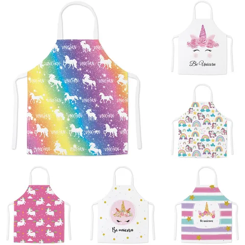 Cartoon Unicorn Apron Linen Kitchen Cooking Bib Cute Animal Pattern Anti-Stain Chef Aprons For Women Men Kids