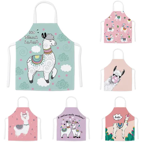 Cartoon Alpaca Printed Linen Apron Kitchen Anti-Stain Home Cooking Sleeveless Bib Apron Adult Kids Apron