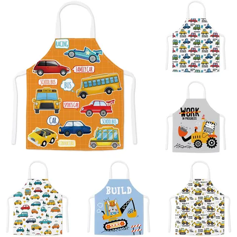 Cartoon Car Print Linen Apron Cute Sleeveless Kitchen Cooking Bib For Kids And Adults Household Anti-Stain