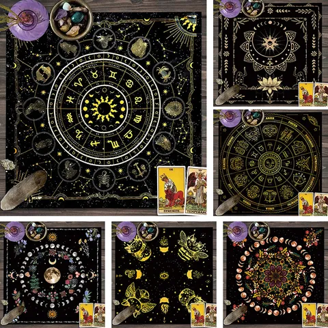 Mystieke Zwart Goud Astrolabium Tarot Tafelkleed Maanfasen Zon Altaar Doek Rituele Voorspelling Kaart Mat Huis Decor