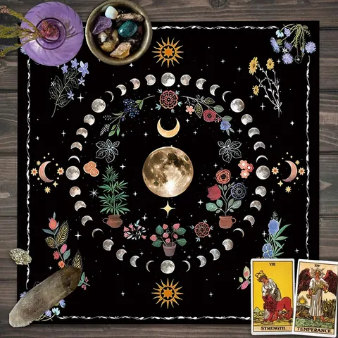 Mystieke Zwart Goud Astrolabium Tarot Tafelkleed Maanfasen Zon Altaar Doek Rituele Voorspelling Kaart Mat Huis Decor
