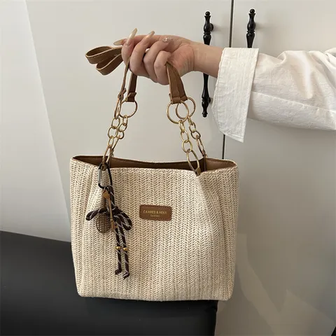 Bolso Tote de Paja Tejido Vintage Gran Capacidad Bolso de Hombro Con Cadena Moda Playa Bolso de Mano Para Mujeres Vacaciones