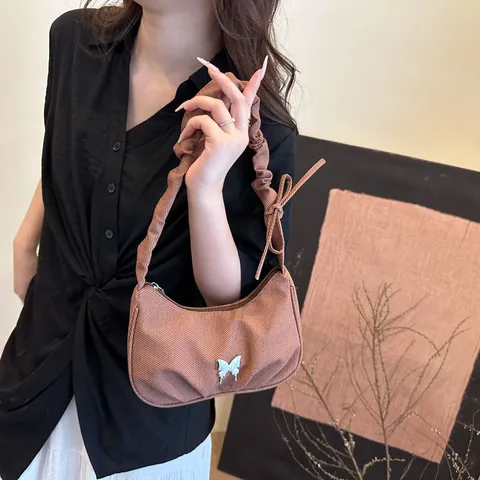 Women Fashion Pleated Underarm Bag Casual Solid Color Hobo Shoulder Bag With Metal Butterfly Decor Daily Handbag
