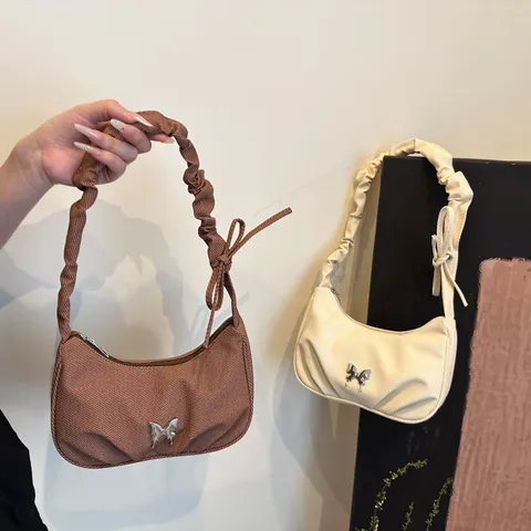 Women Fashion Pleated Underarm Bag Casual Solid Color Hobo Shoulder Bag With Metal Butterfly Decor Daily Handbag