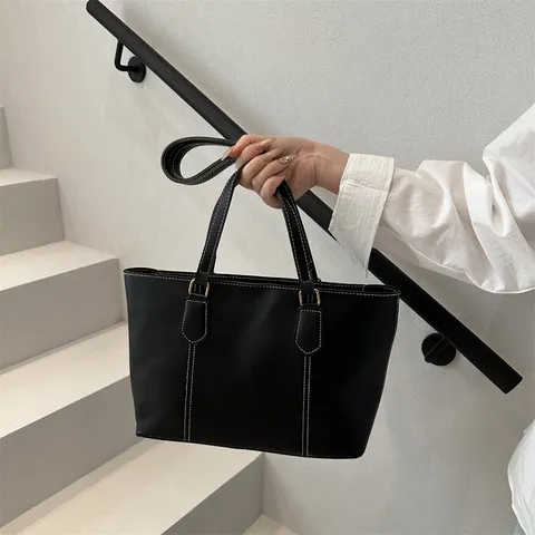 Women Large Capacity PU Leather Tote Bag Casual Commuter Shoulder Bag Contrast Stitching Handbag Top Handle