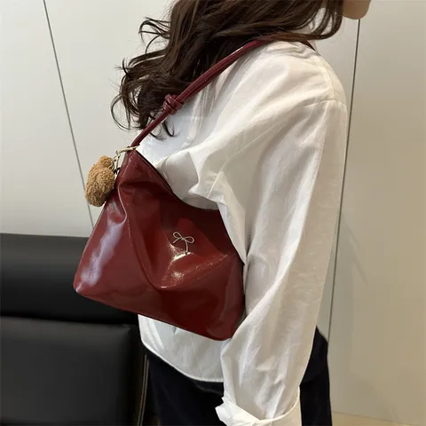 Women Casual Glossy PU Bucket Bag Large Capacity Fashion Underarm Shoulder Bag With Bowknot And Bear Pendant
