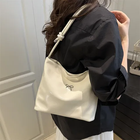 Women Casual Glossy PU Bucket Bag Large Capacity Fashion Underarm Shoulder Bag With Bowknot And Bear Pendant