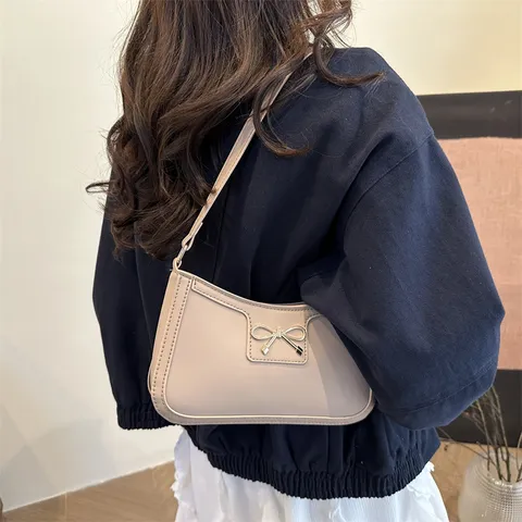 Minimalist PU Leather Underarm Bag For Women Fashion Solid Color Shoulder Bag With Metal Bow Everyday Casual Hobo Handbag