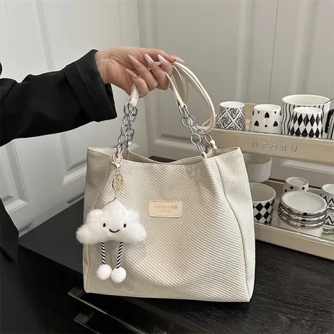 Large Capacity Commuting Tote Bag Women Simple Fashion PU Leather Shoulder Bag Casual Urban Handbag With Pendant