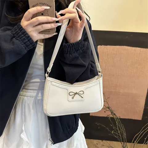 Minimalist PU Leather Underarm Bag For Women Fashion Solid Color Shoulder Bag With Metal Bow Everyday Casual Hobo Handbag