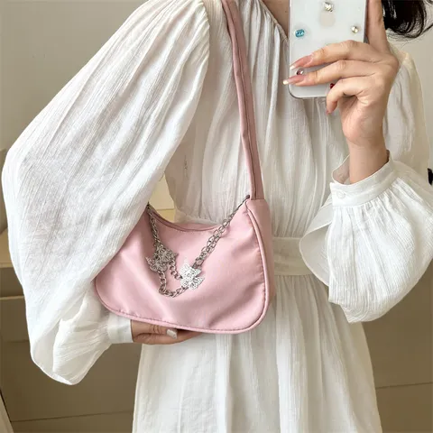Women Casual Nylon Underarm Shoulder Bag Minimalist Solid Color Purse With Chain And Butterfly Pendant Daily Handbag