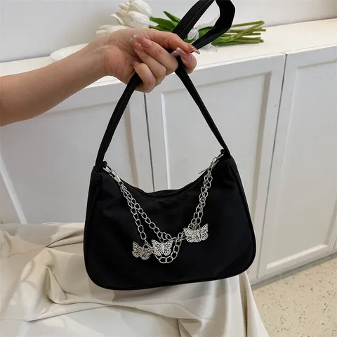 Women Casual Nylon Underarm Shoulder Bag Minimalist Solid Color Purse With Chain And Butterfly Pendant Daily Handbag