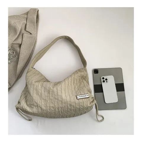 Women's Fashion Pleated Canvas Shoulder Bag Large Capacity Commuter Casual Crossbody Tote Bag Daily Handbag
