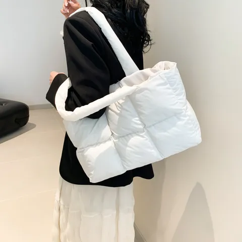 Women Large Capacity Puffer Tote Bag Soft Quilted Nylon Shoulder Bag Casual Urban Minimalist Daily Commute Handbag