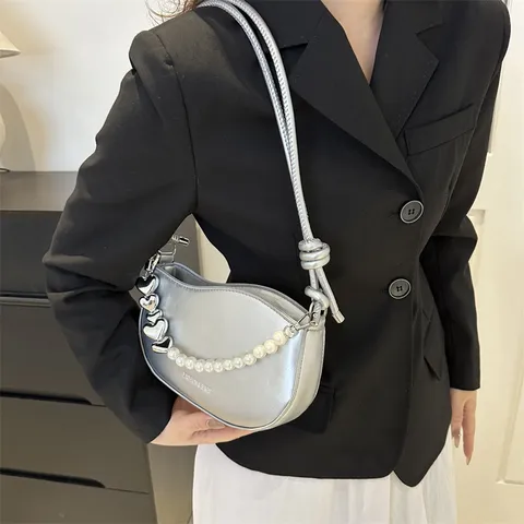 Women PU Leather Beaded Crossbody Bag Fashion Trendy Top Handle Shoulder Bag With Pearl Chain And Heart Pendant