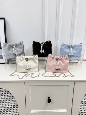 Women Fashion PU Leather Bucket Bag Large Capacity Casual Solid Color Drawstring Shoulder Crossbody Bag With Chain Bow