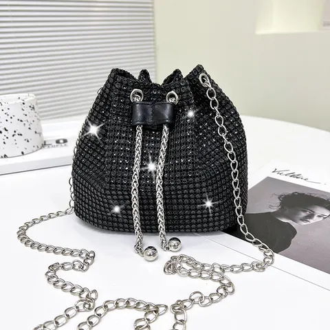 Fashion Women Rhinestone Bucket Bag Luxury Crystal Shoulder Crossbody Bag Metallic Chain Drawstring Handbag Chic Daily Purse
