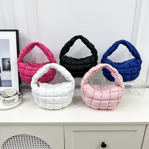 Women Pleated Plaid Cloud Bag Underarm Bag Mini Handbag Fashion Casual Cotton Linen Zipper Tote Bag Daily Purse