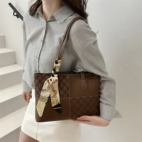 Women PU Leather Colorblock Patchwork Tote Bag Vintage Checkerboard Handbag With Silk Scarf Commute Shoulder Bag