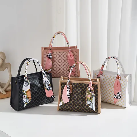 Women Printed Monogram Handbag PU Leather Crossbody Bag With Scarf Decor Simple Shoulder Bag Retro Square Tote Lady Purse