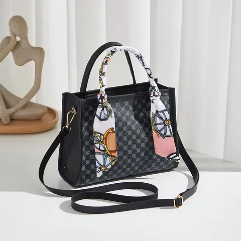 Women Printed Monogram Handbag PU Leather Crossbody Bag With Scarf Decor Simple Shoulder Bag Retro Square Tote Lady Purse