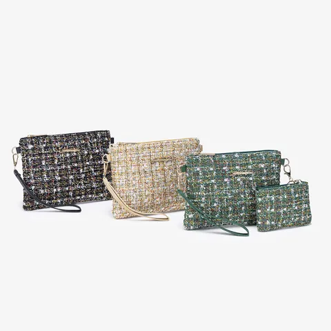 Elegant Tweed Crossbody Cosmetic Bag For Women Quilted Pattern Chain Shoulder Handbag Portable Travel Clutch Wristlet Purse Bag