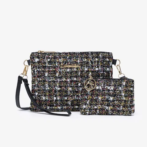 Elegant Tweed Crossbody Cosmetic Bag For Women Quilted Pattern Chain Shoulder Handbag Portable Travel Clutch Wristlet Purse Bag