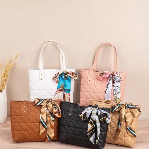 Women's Quilted Tote Bag Large Capacity PU Leather Shoulder Bag With Silk Scarf Urban Minimalist Handbag For Daily Work