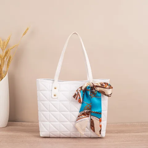 Women's Quilted Tote Bag Large Capacity PU Leather Shoulder Bag With Silk Scarf Urban Minimalist Handbag For Daily Work