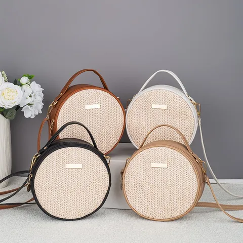 Women Round Straw Woven Crossbody Bag Summer Beach PU Leather Trim Shoulder Bag Zipper Casual Handbag Fashion Phone Pouch