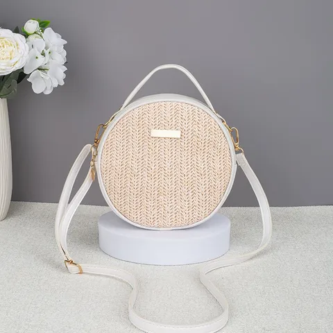Women Round Straw Woven Crossbody Bag Summer Beach PU Leather Trim Shoulder Bag Zipper Casual Handbag Fashion Phone Pouch
