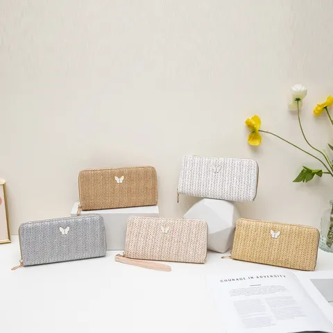 Damen Stroh Webmuster Geldbörse Schmetterling Dekor Lange Reißverschluss Tasche Mode PU Leder Clutch Mehrschichtige Handtasche Für Täglich