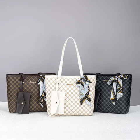 Damen Große Kapazität Monogramm Bedruckte Tragetasche Mode PU Leder Handtasche Mit Seidenschal Und Beutel Business Casual Umhängetasche