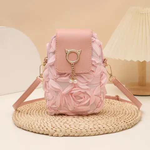 Damen 3D Rosenblüten Umhängetasche Für Handy PU Leder Minimalistische Schultertasche Mit Künstlicher Perlenquaste Mode Kleine Handtasche